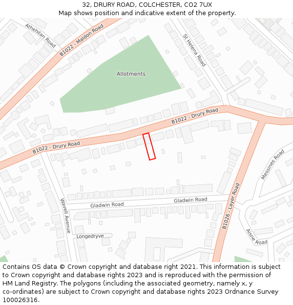32, DRURY ROAD, COLCHESTER, CO2 7UX: Location map and indicative extent of plot