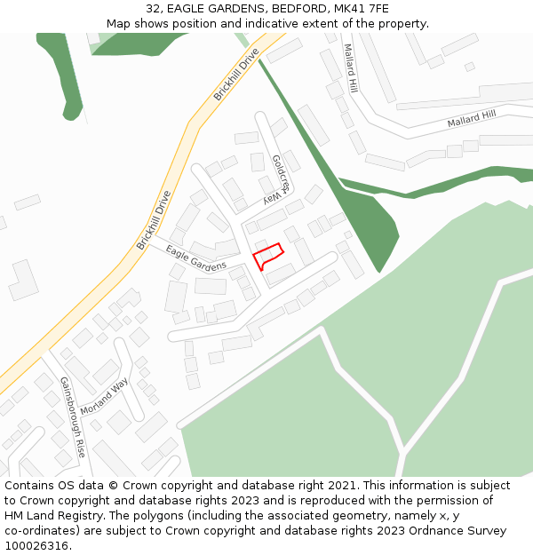 32, EAGLE GARDENS, BEDFORD, MK41 7FE: Location map and indicative extent of plot