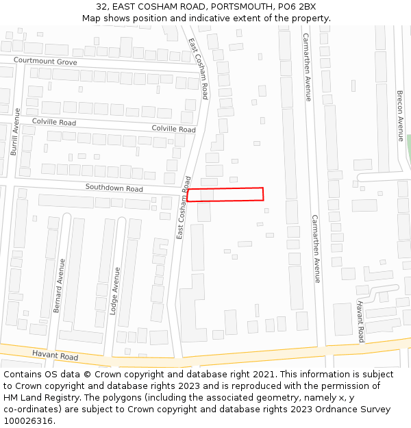 32, EAST COSHAM ROAD, PORTSMOUTH, PO6 2BX: Location map and indicative extent of plot