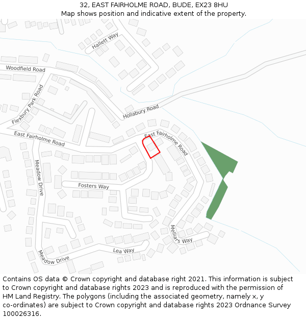 32, EAST FAIRHOLME ROAD, BUDE, EX23 8HU: Location map and indicative extent of plot