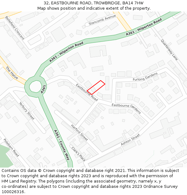 32, EASTBOURNE ROAD, TROWBRIDGE, BA14 7HW: Location map and indicative extent of plot