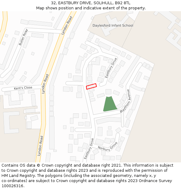 32, EASTBURY DRIVE, SOLIHULL, B92 8TL: Location map and indicative extent of plot