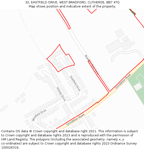 32, EASTFIELD DRIVE, WEST BRADFORD, CLITHEROE, BB7 4TQ: Location map and indicative extent of plot