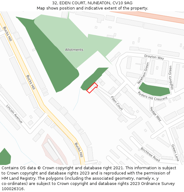 32, EDEN COURT, NUNEATON, CV10 9AG: Location map and indicative extent of plot