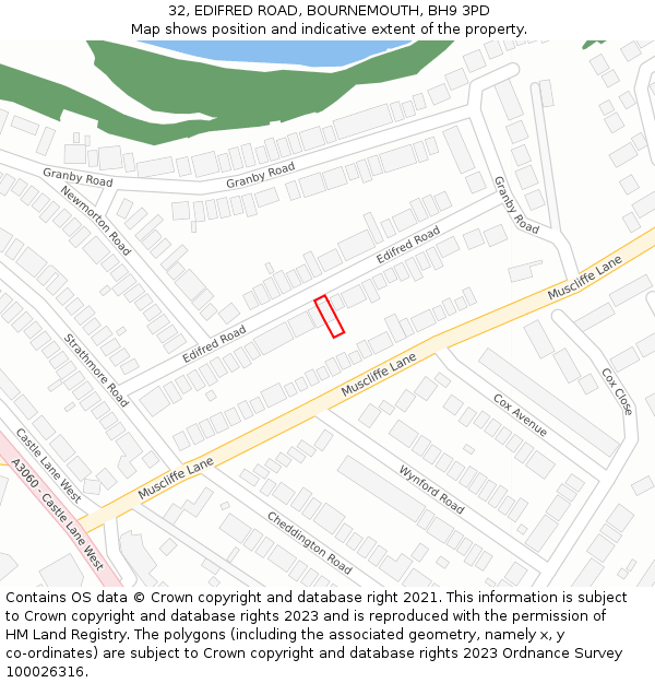 32, EDIFRED ROAD, BOURNEMOUTH, BH9 3PD: Location map and indicative extent of plot