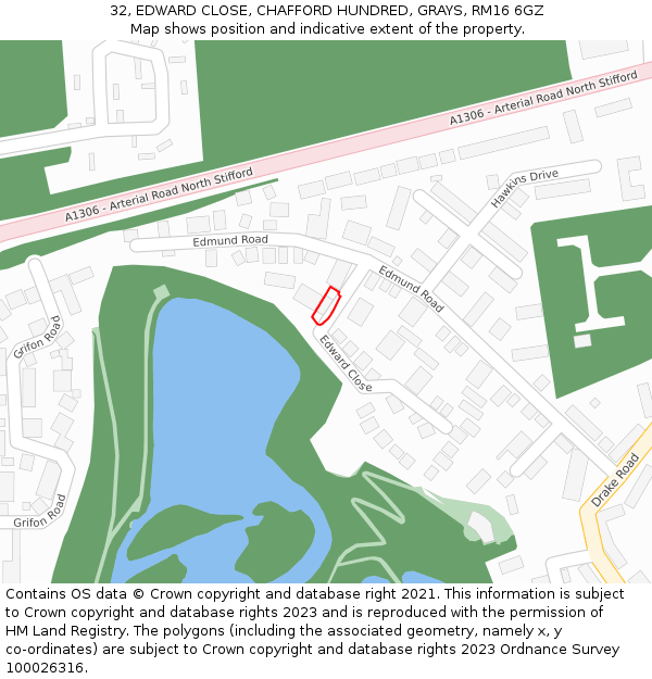 32, EDWARD CLOSE, CHAFFORD HUNDRED, GRAYS, RM16 6GZ: Location map and indicative extent of plot