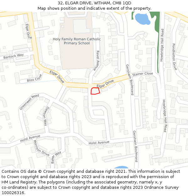 32, ELGAR DRIVE, WITHAM, CM8 1QD: Location map and indicative extent of plot