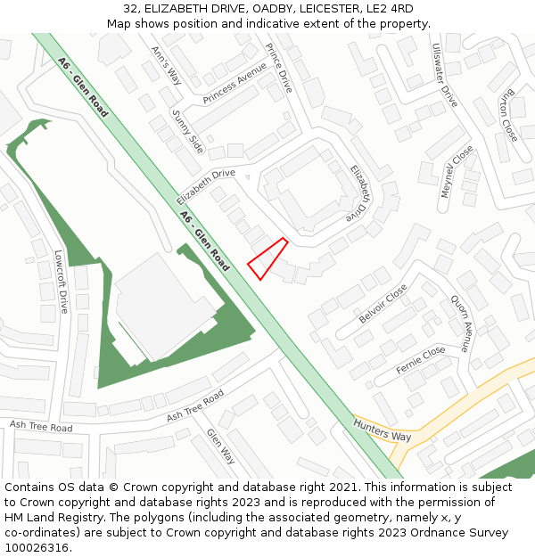 32, ELIZABETH DRIVE, OADBY, LEICESTER, LE2 4RD: Location map and indicative extent of plot