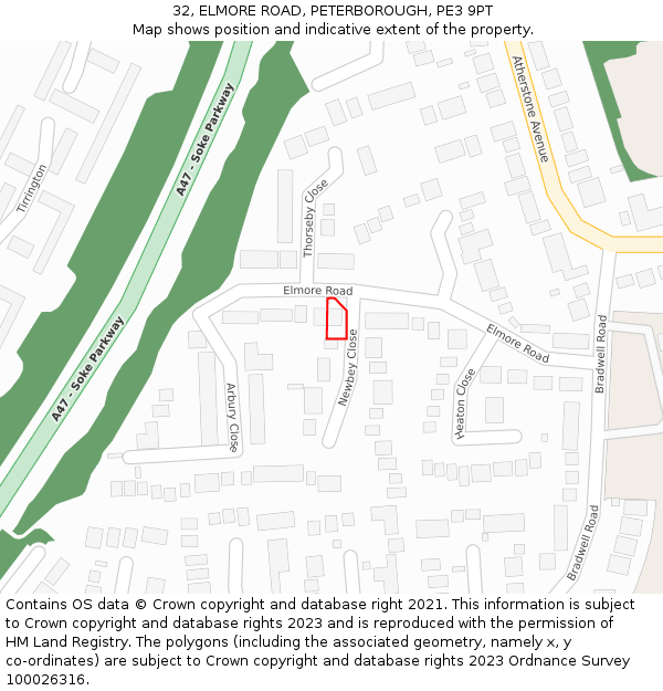 32, ELMORE ROAD, PETERBOROUGH, PE3 9PT: Location map and indicative extent of plot