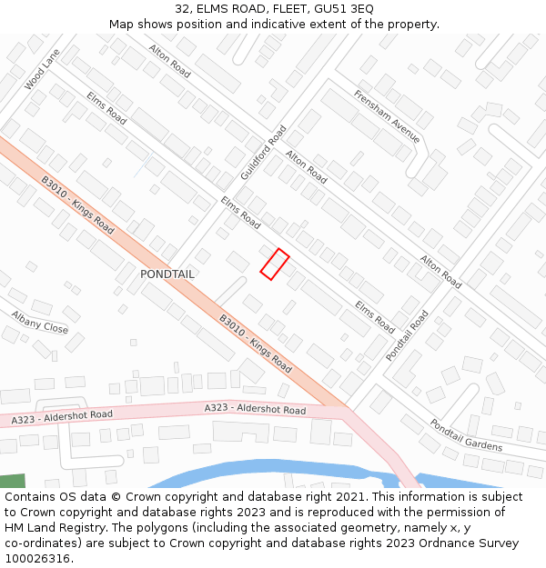 32, ELMS ROAD, FLEET, GU51 3EQ: Location map and indicative extent of plot