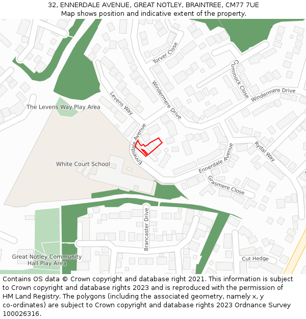 32, ENNERDALE AVENUE, GREAT NOTLEY, BRAINTREE, CM77 7UE: Location map and indicative extent of plot