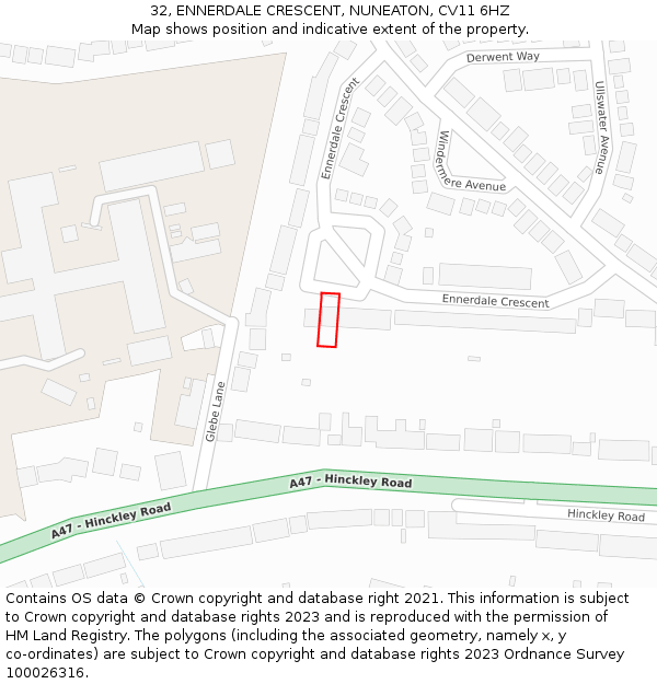 32, ENNERDALE CRESCENT, NUNEATON, CV11 6HZ: Location map and indicative extent of plot