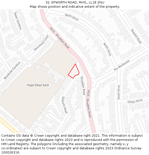 32, EPWORTH ROAD, RHYL, LL18 2NU: Location map and indicative extent of plot