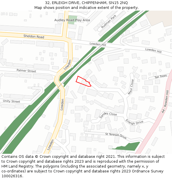 32, ERLEIGH DRIVE, CHIPPENHAM, SN15 2NQ: Location map and indicative extent of plot