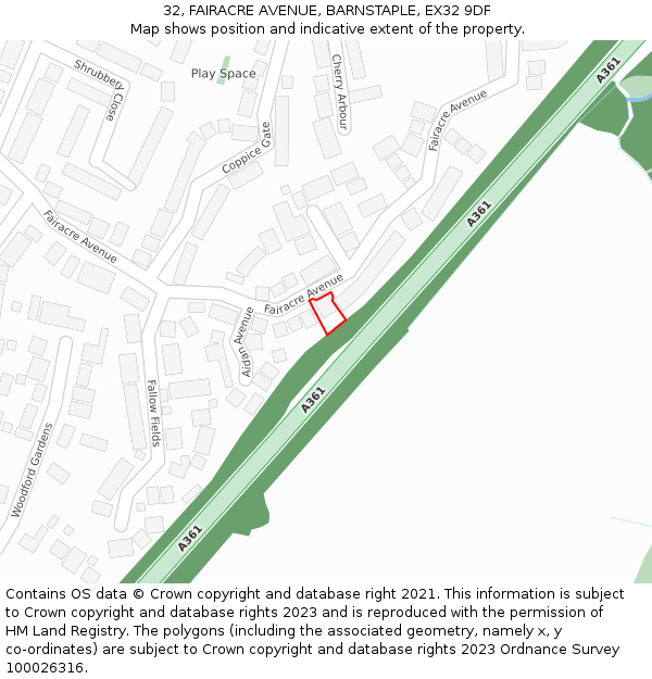 32, FAIRACRE AVENUE, BARNSTAPLE, EX32 9DF: Location map and indicative extent of plot