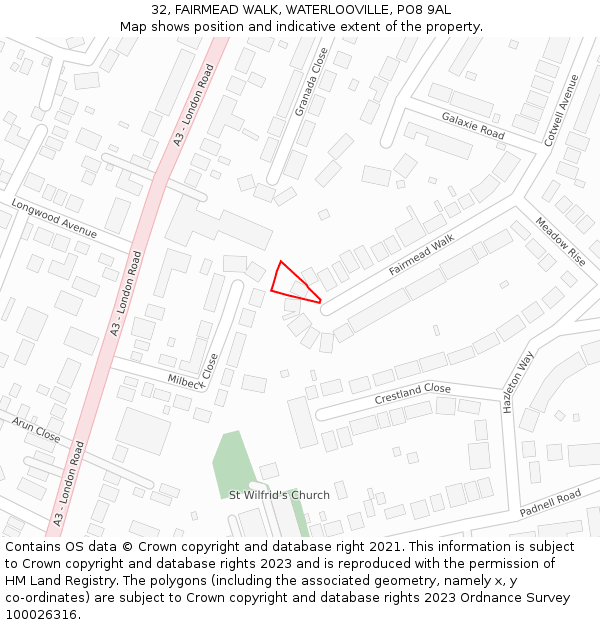 32, FAIRMEAD WALK, WATERLOOVILLE, PO8 9AL: Location map and indicative extent of plot