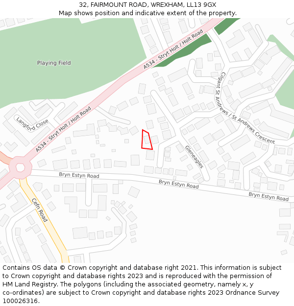 32, FAIRMOUNT ROAD, WREXHAM, LL13 9GX: Location map and indicative extent of plot