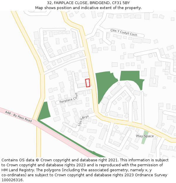 32, FAIRPLACE CLOSE, BRIDGEND, CF31 5BY: Location map and indicative extent of plot