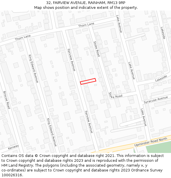 32, FAIRVIEW AVENUE, RAINHAM, RM13 9RP: Location map and indicative extent of plot