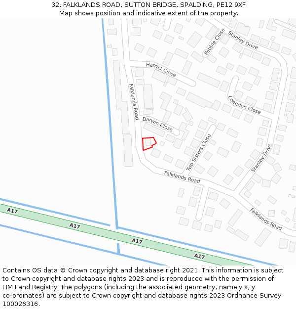 32, FALKLANDS ROAD, SUTTON BRIDGE, SPALDING, PE12 9XF: Location map and indicative extent of plot