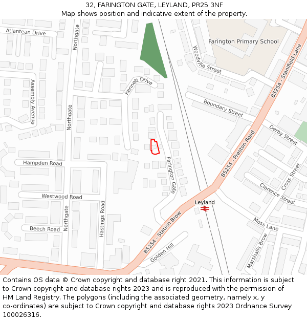 32, FARINGTON GATE, LEYLAND, PR25 3NF: Location map and indicative extent of plot