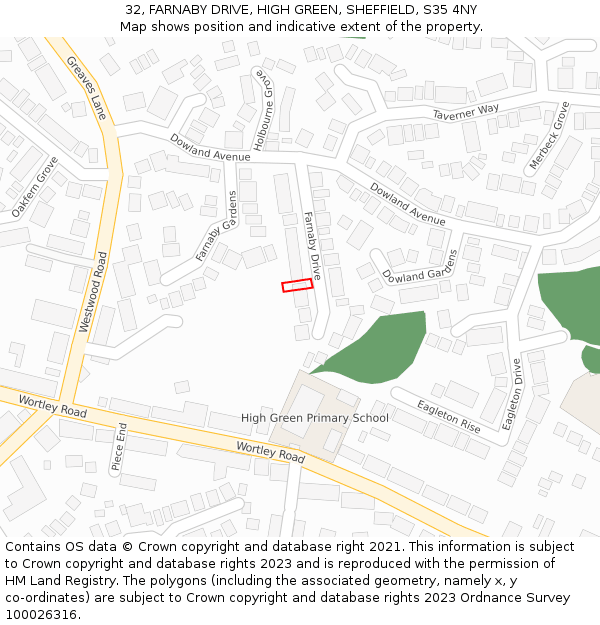 32, FARNABY DRIVE, HIGH GREEN, SHEFFIELD, S35 4NY: Location map and indicative extent of plot