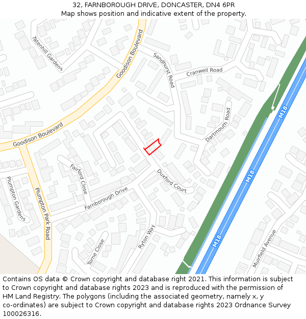 32, FARNBOROUGH DRIVE, DONCASTER, DN4 6PR: Location map and indicative extent of plot