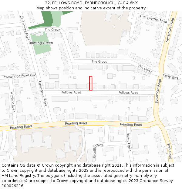 32, FELLOWS ROAD, FARNBOROUGH, GU14 6NX: Location map and indicative extent of plot