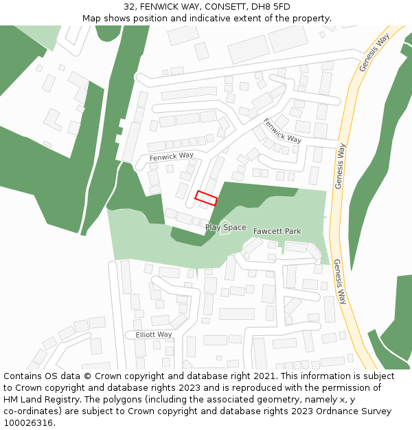 32, FENWICK WAY, CONSETT, DH8 5FD: Location map and indicative extent of plot
