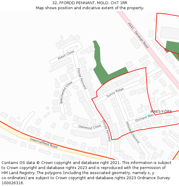 32, FFORDD PENNANT, MOLD, CH7 1RR: Location map and indicative extent of plot