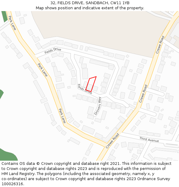 32, FIELDS DRIVE, SANDBACH, CW11 1YB: Location map and indicative extent of plot