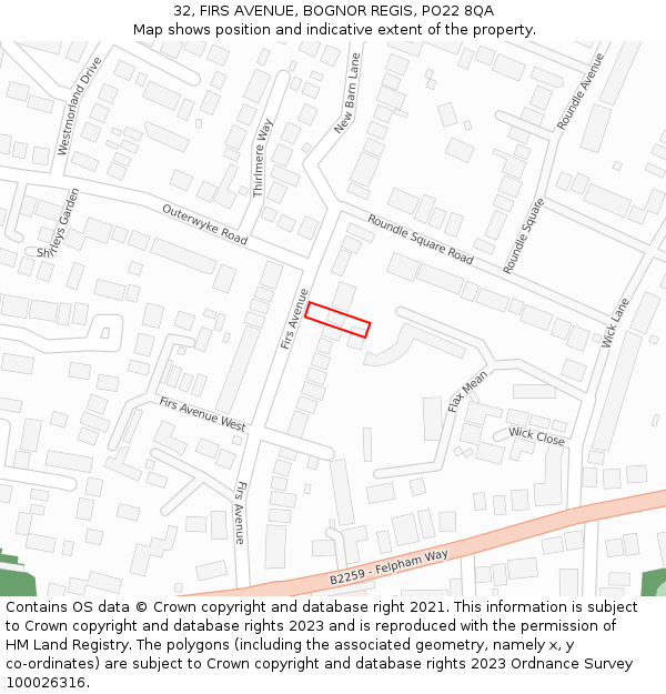 32, FIRS AVENUE, BOGNOR REGIS, PO22 8QA: Location map and indicative extent of plot