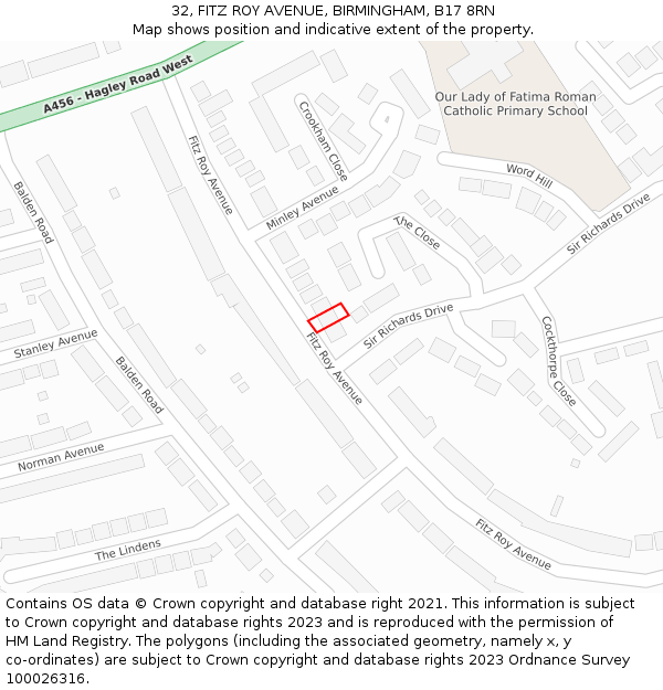 32, FITZ ROY AVENUE, BIRMINGHAM, B17 8RN: Location map and indicative extent of plot