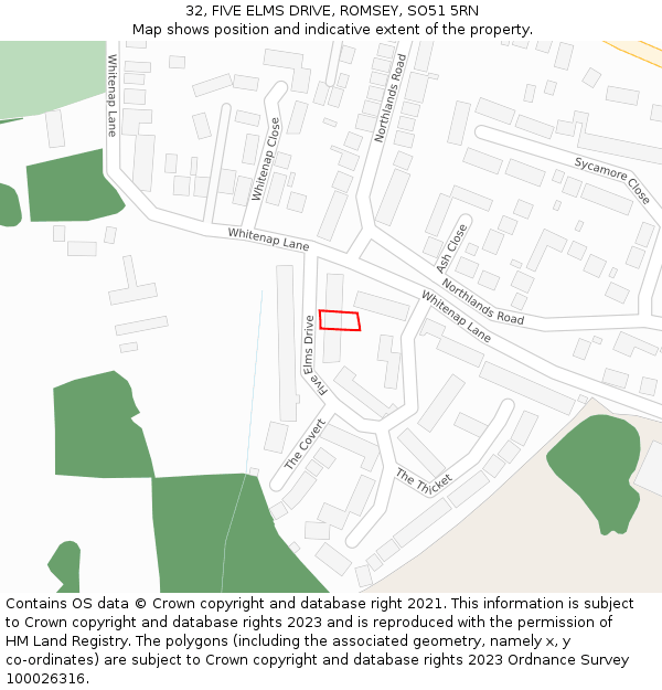 32, FIVE ELMS DRIVE, ROMSEY, SO51 5RN: Location map and indicative extent of plot