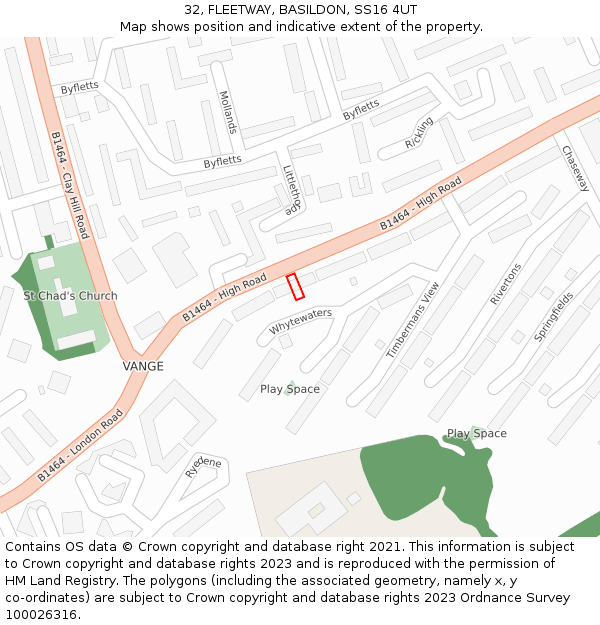 32, FLEETWAY, BASILDON, SS16 4UT: Location map and indicative extent of plot