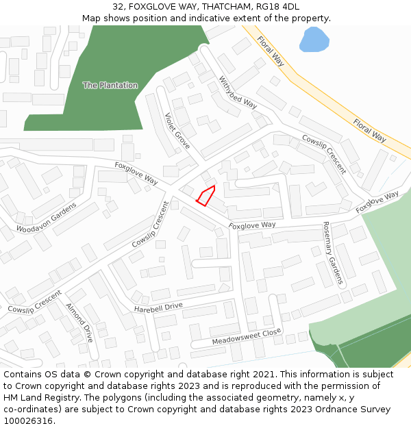 32, FOXGLOVE WAY, THATCHAM, RG18 4DL: Location map and indicative extent of plot