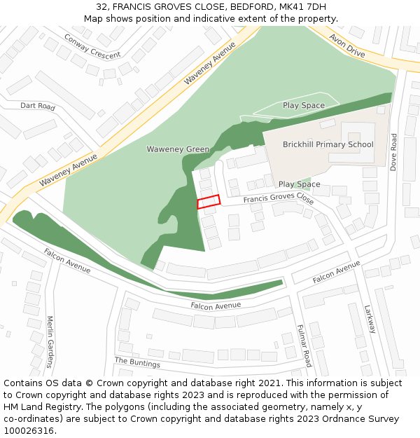 32, FRANCIS GROVES CLOSE, BEDFORD, MK41 7DH: Location map and indicative extent of plot