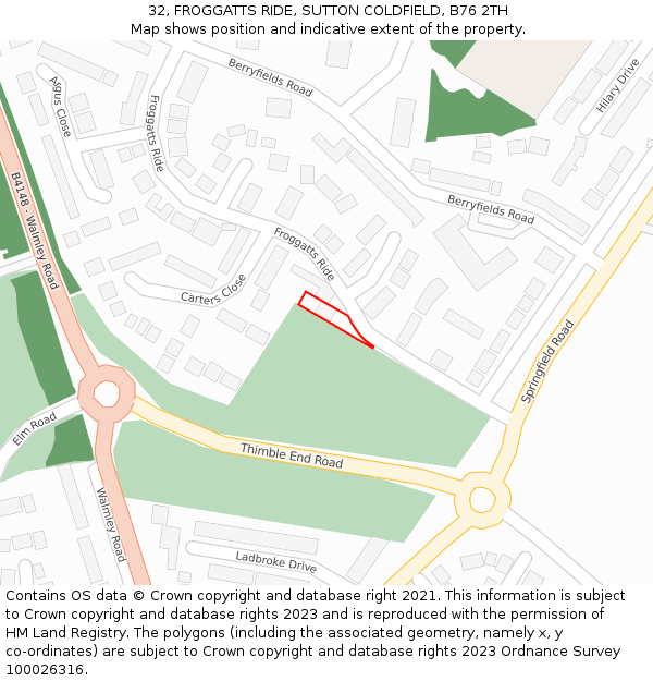 32, FROGGATTS RIDE, SUTTON COLDFIELD, B76 2TH: Location map and indicative extent of plot