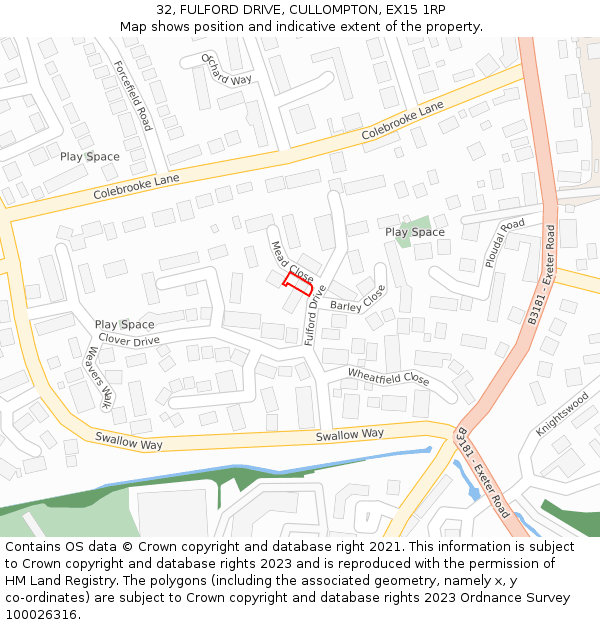 32, FULFORD DRIVE, CULLOMPTON, EX15 1RP: Location map and indicative extent of plot