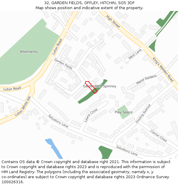 32, GARDEN FIELDS, OFFLEY, HITCHIN, SG5 3DF: Location map and indicative extent of plot