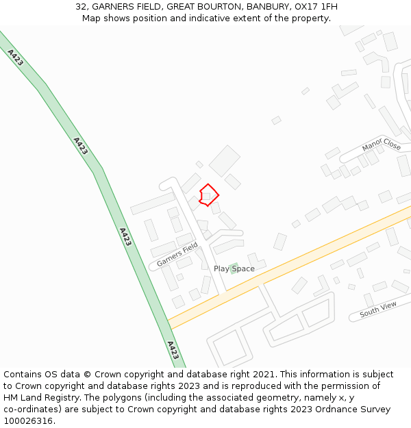 32, GARNERS FIELD, GREAT BOURTON, BANBURY, OX17 1FH: Location map and indicative extent of plot