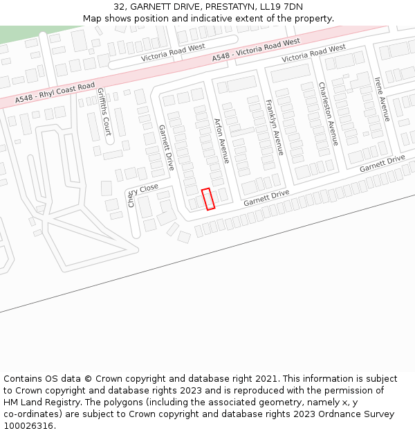 32, GARNETT DRIVE, PRESTATYN, LL19 7DN: Location map and indicative extent of plot