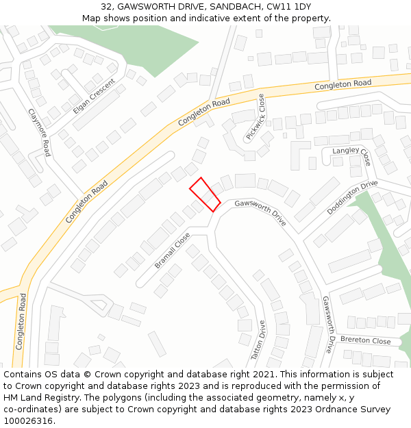32, GAWSWORTH DRIVE, SANDBACH, CW11 1DY: Location map and indicative extent of plot