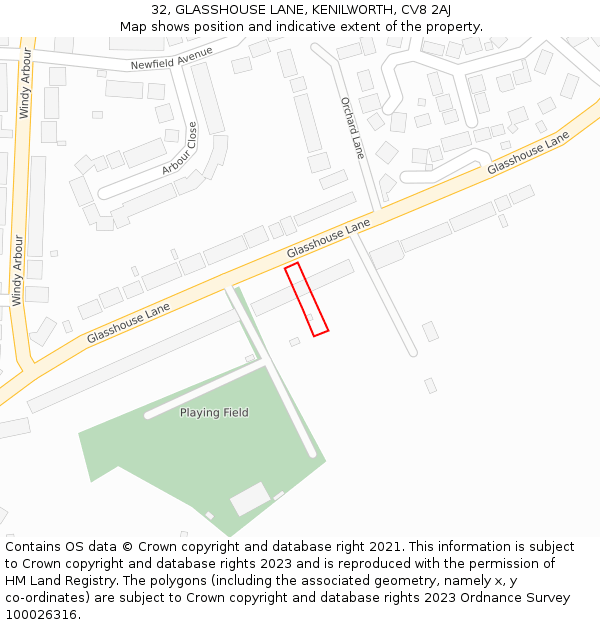 32, GLASSHOUSE LANE, KENILWORTH, CV8 2AJ: Location map and indicative extent of plot