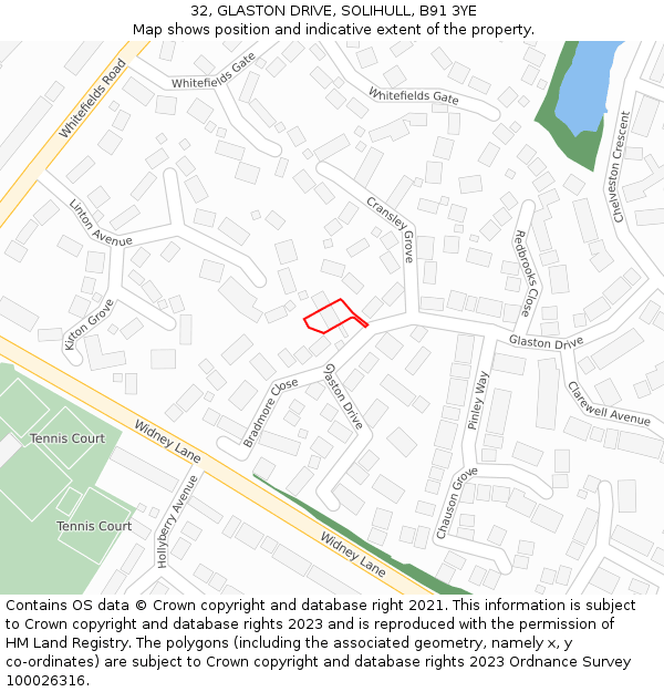 32, GLASTON DRIVE, SOLIHULL, B91 3YE: Location map and indicative extent of plot