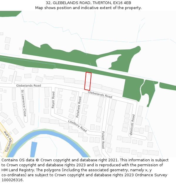 32, GLEBELANDS ROAD, TIVERTON, EX16 4EB: Location map and indicative extent of plot