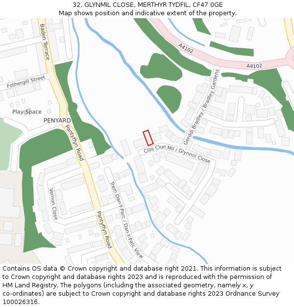 32, GLYNMIL CLOSE, MERTHYR TYDFIL, CF47 0GE: Location map and indicative extent of plot