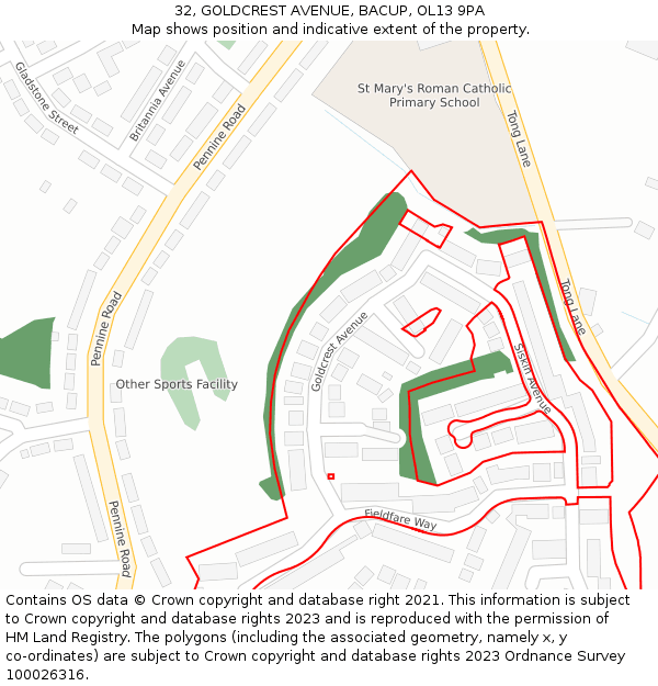 32, GOLDCREST AVENUE, BACUP, OL13 9PA: Location map and indicative extent of plot