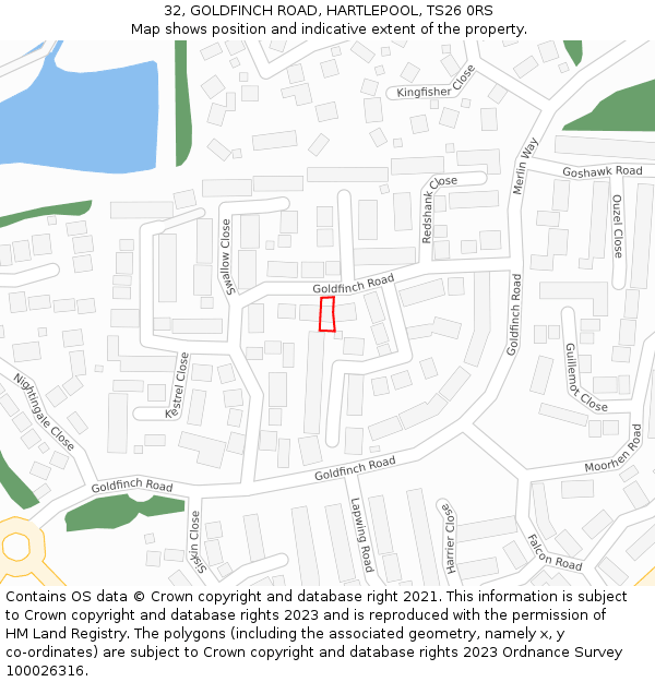 32, GOLDFINCH ROAD, HARTLEPOOL, TS26 0RS: Location map and indicative extent of plot