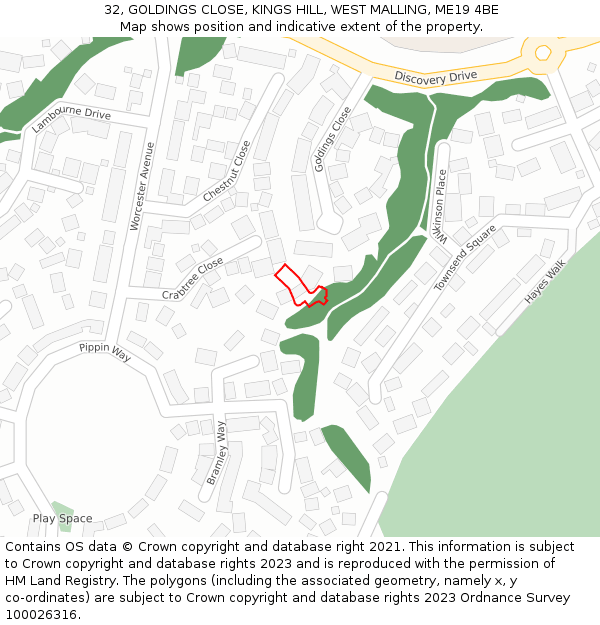 32, GOLDINGS CLOSE, KINGS HILL, WEST MALLING, ME19 4BE: Location map and indicative extent of plot